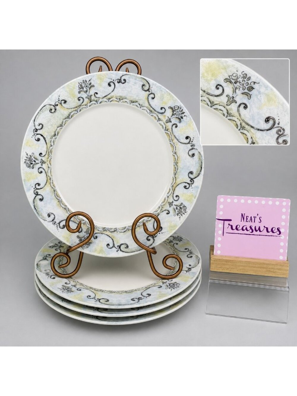 American Atelier FRUIT TOILE 5271 White Gray Floral Porcelain Dinner Plate Set 4
